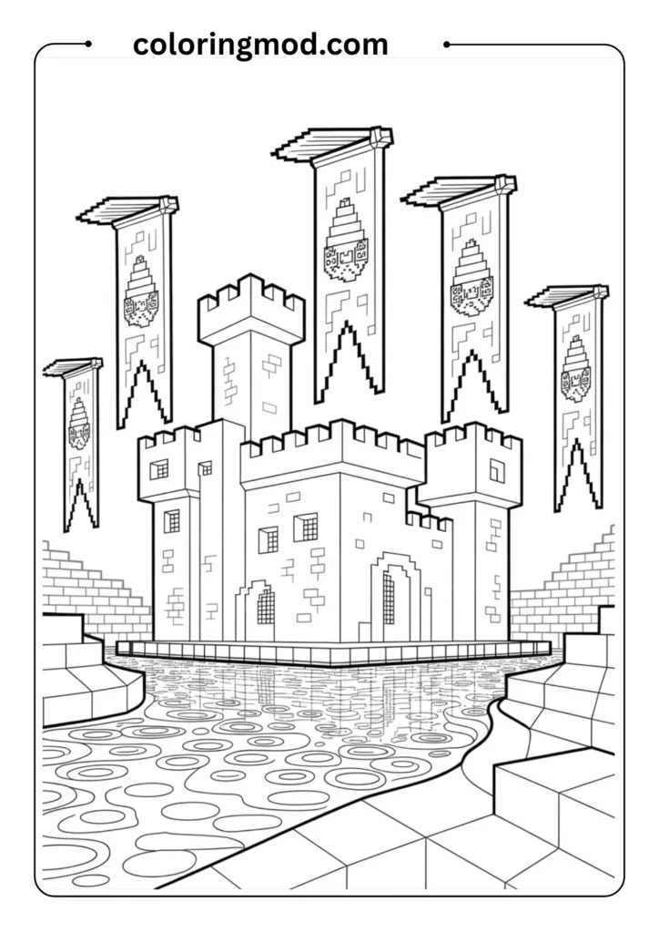 A Minecraft castle with towers, banners, and moat, pixel-style detailed black-and-white outlines