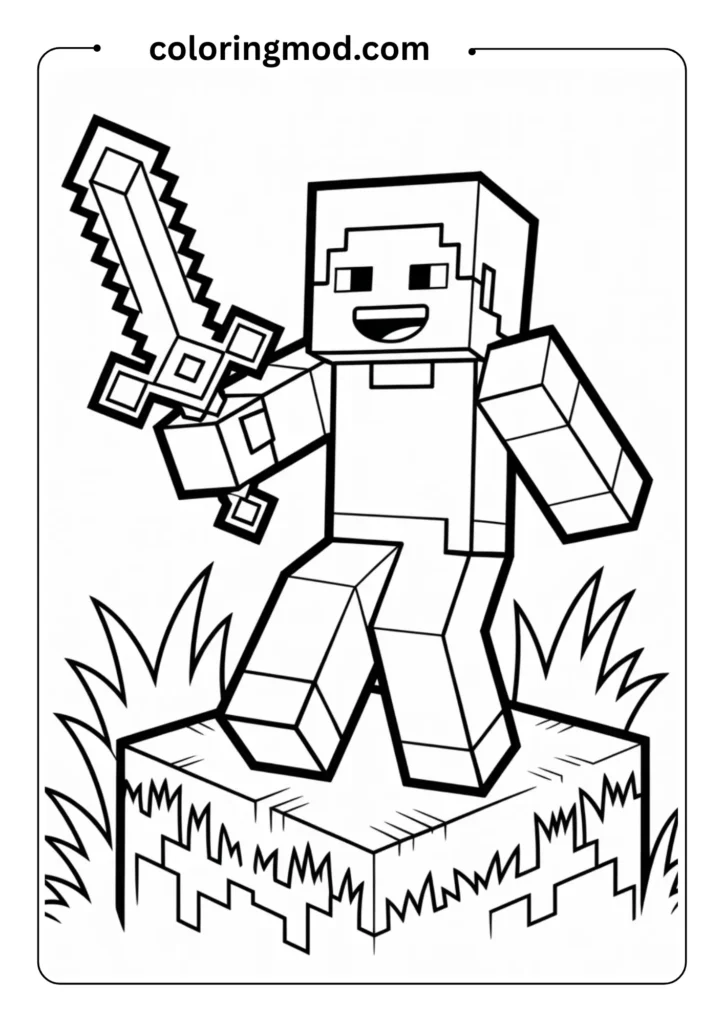 A Minecraft character holding a diamond sword standing on a grass block, outlined for a coloring page