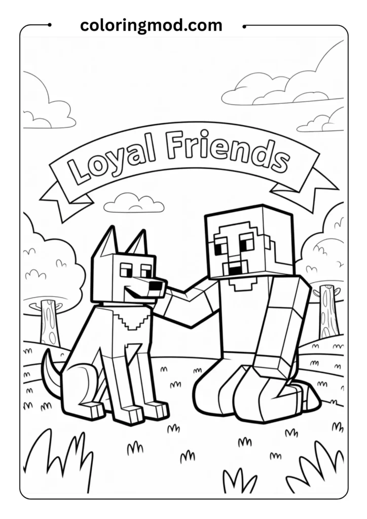 A Minecraft dog (wolf) sitting next to Steve, loyal companion scene in clear coloring line art