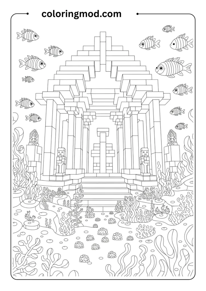 A Minecraft underwater temple with guardians and sea lanterns, aquatic scene in outlined style