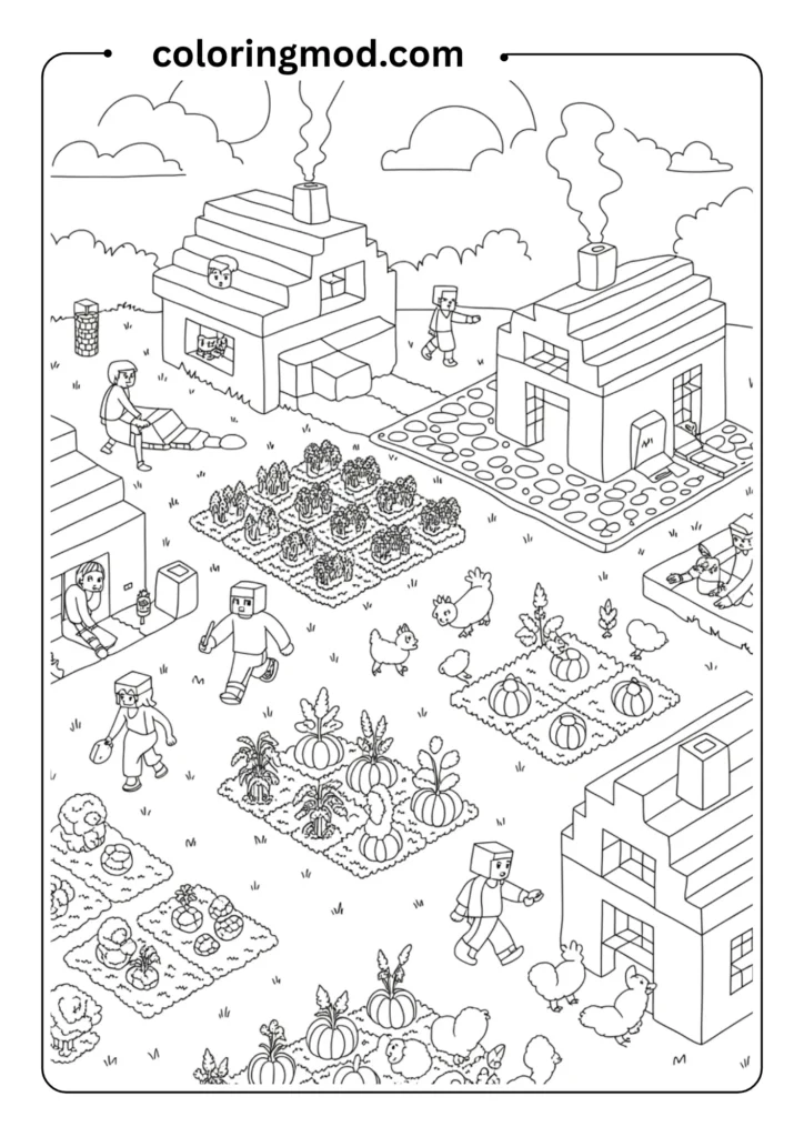 A Minecraft village with houses, villagers, and farm plots, simplified line drawing for kids to color