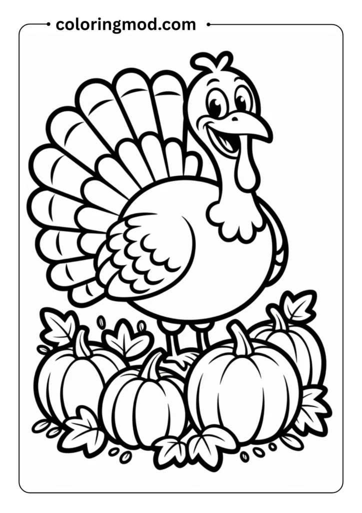 A cartoon turkey with large tail feathers