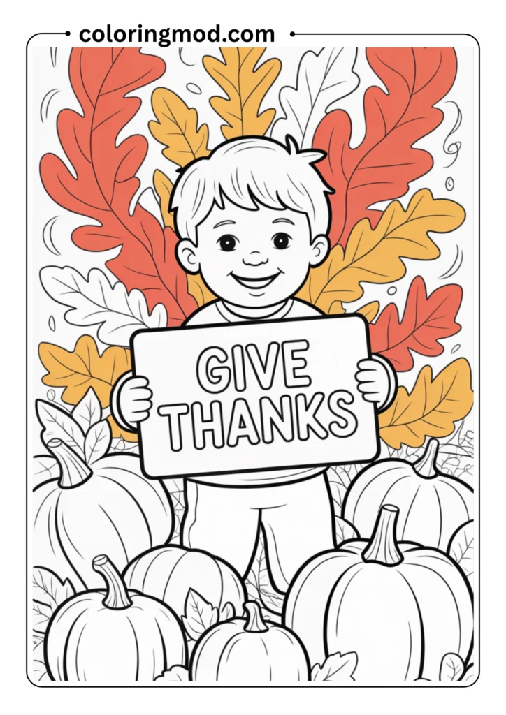 A child holding a _Give Thanks_ sign surrounded by autumn leaves and pumpkins