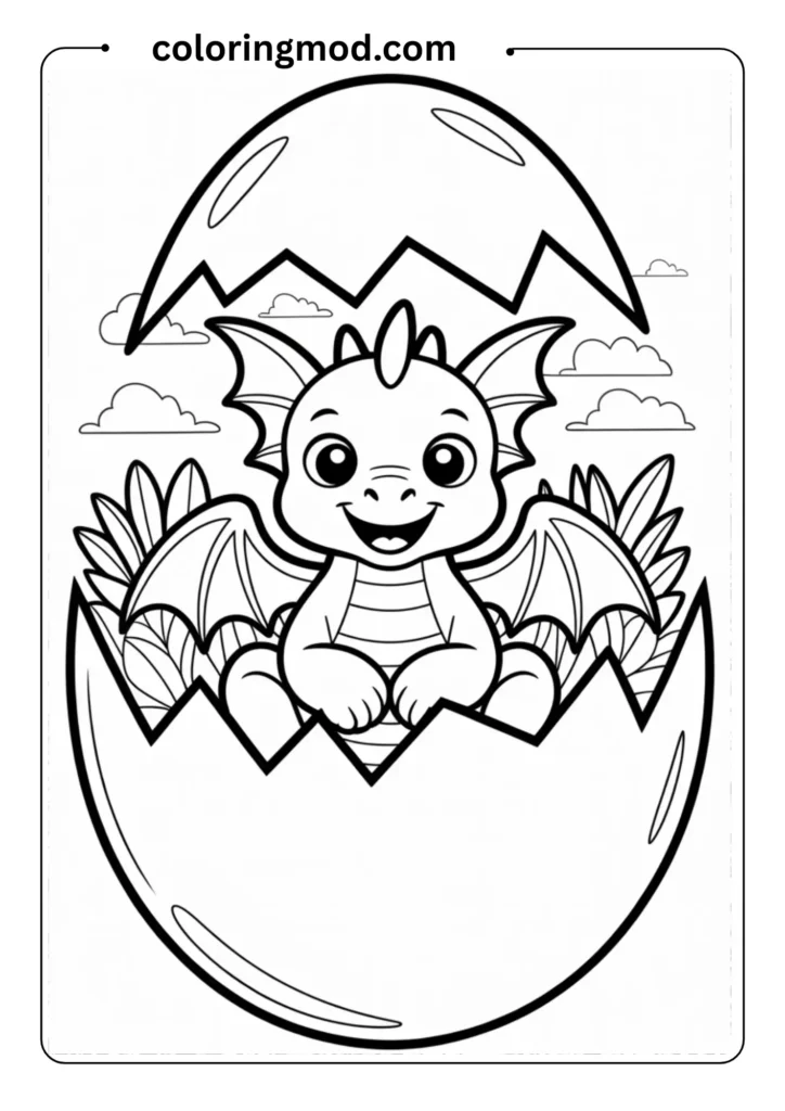 A cute baby dragon sitting inside a cracked egg,