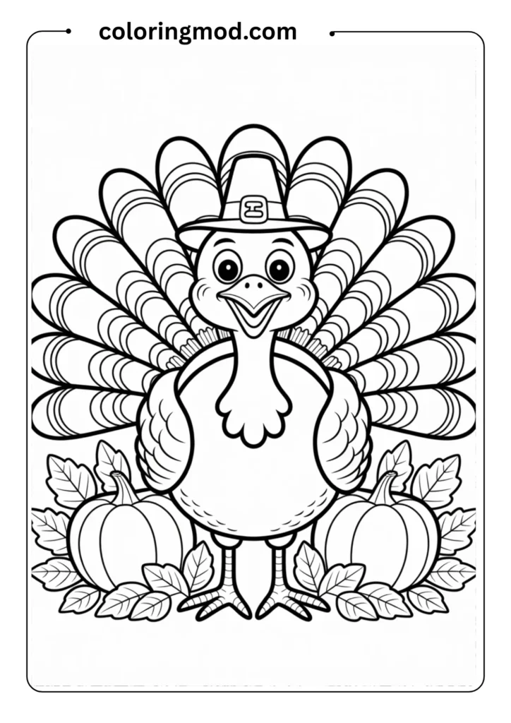 A cute cartoon turkey with big round eyes and fanned tail feathers, smiling, outlined for coloring page