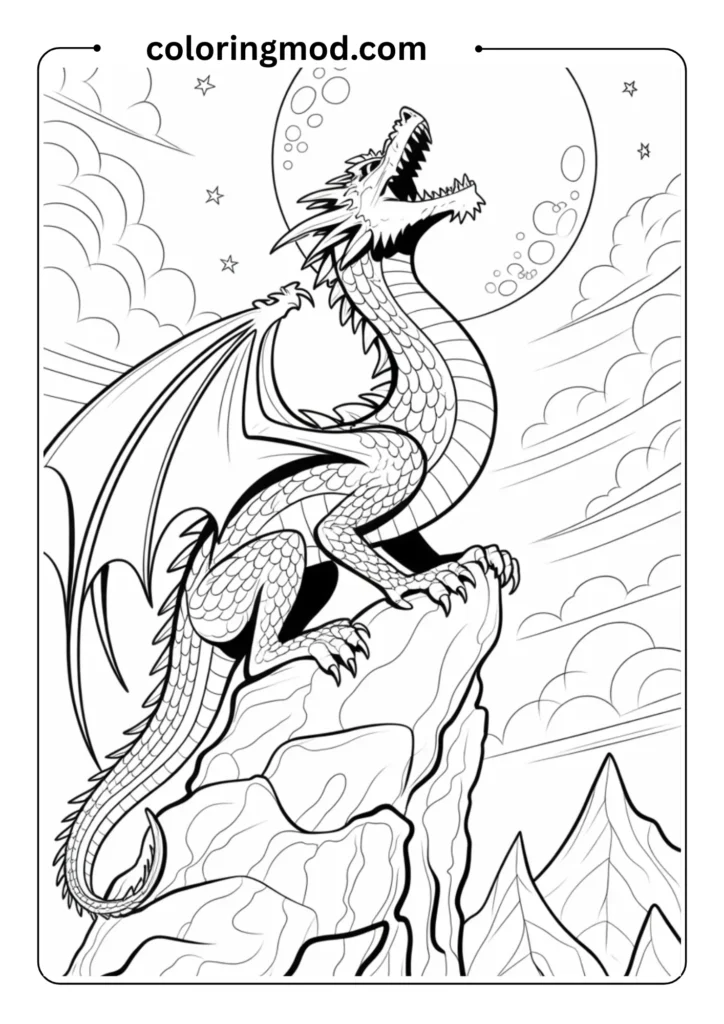 A dragon perched on a rocky cliff, roaring
