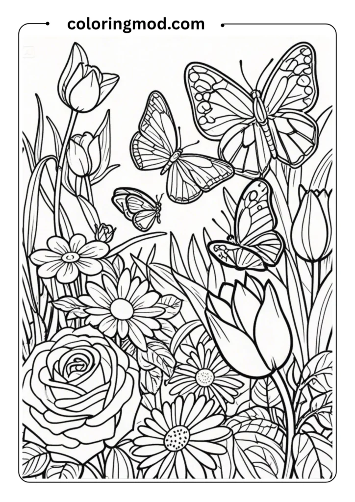 A group of butterflies in a garden with blooming roses