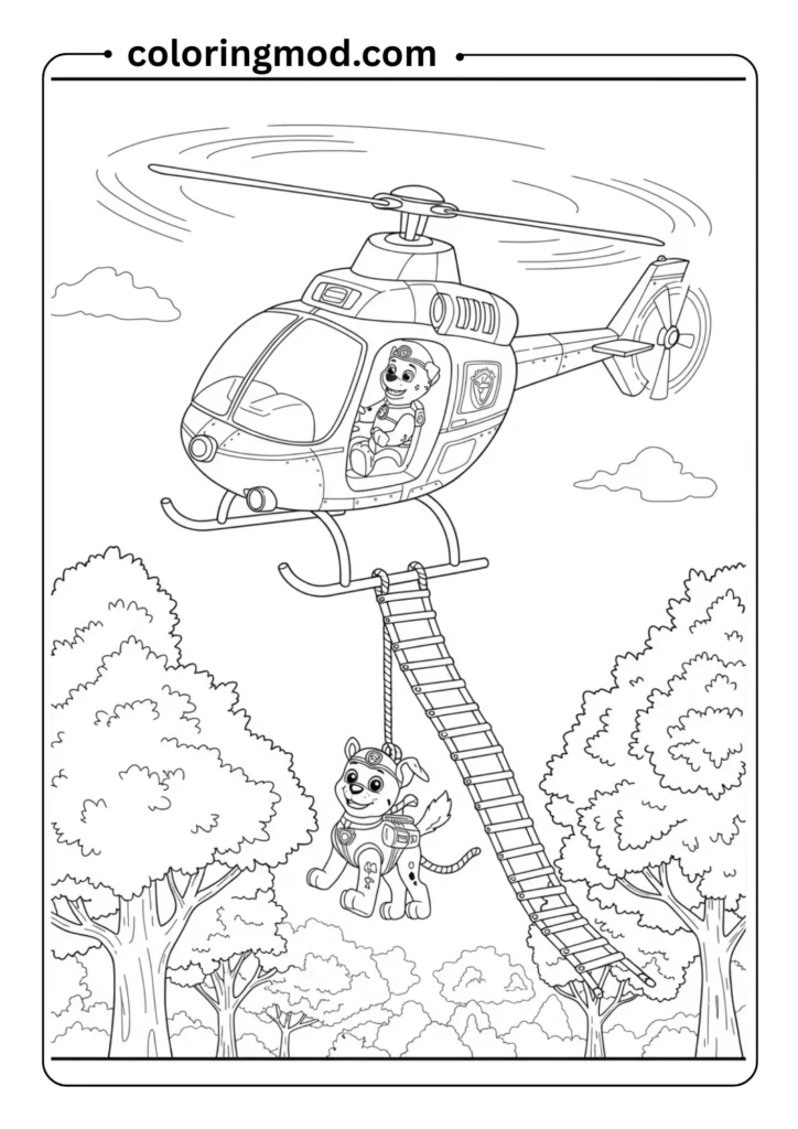 A helicopter with a rescue pup inside flying above treetops