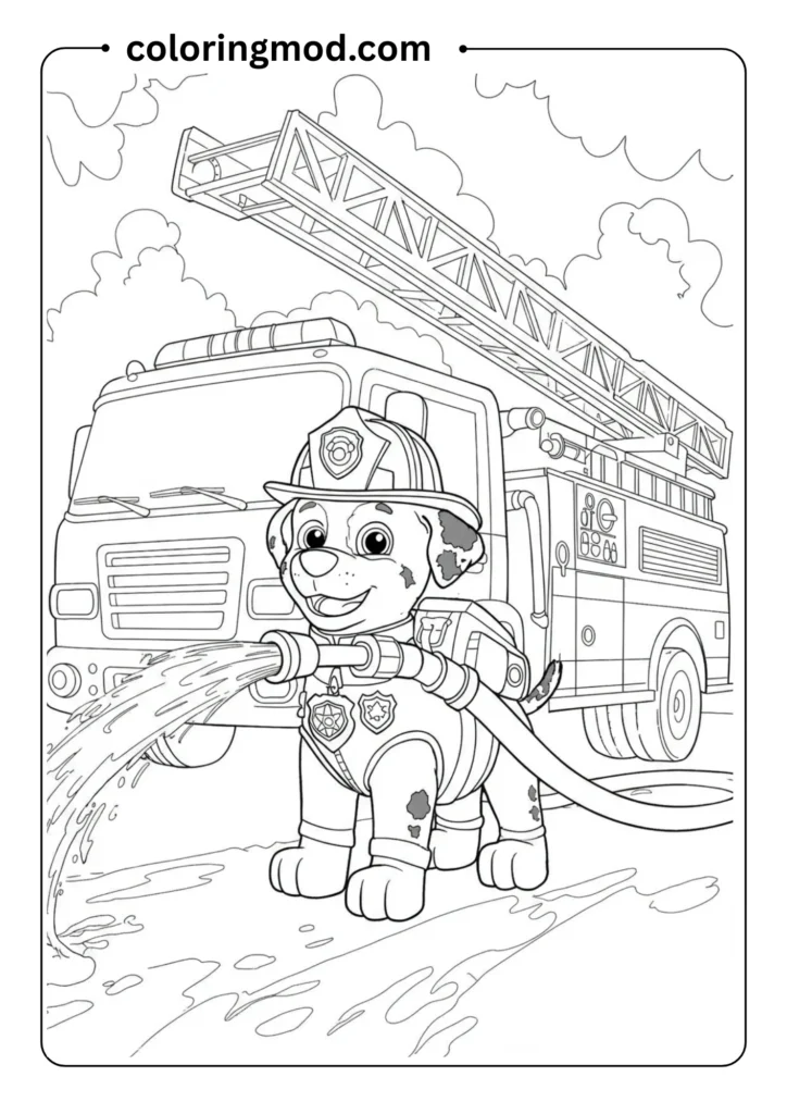 A heroic puppy wearing a firefighter helmet and a badge