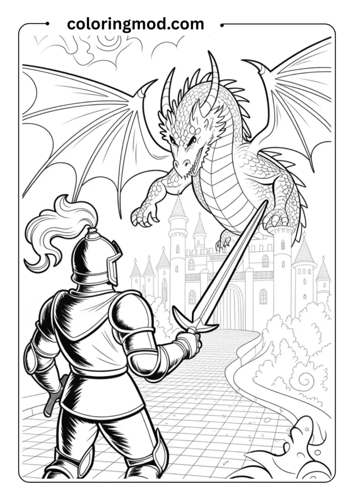 A knight facing a large Western dragon in front