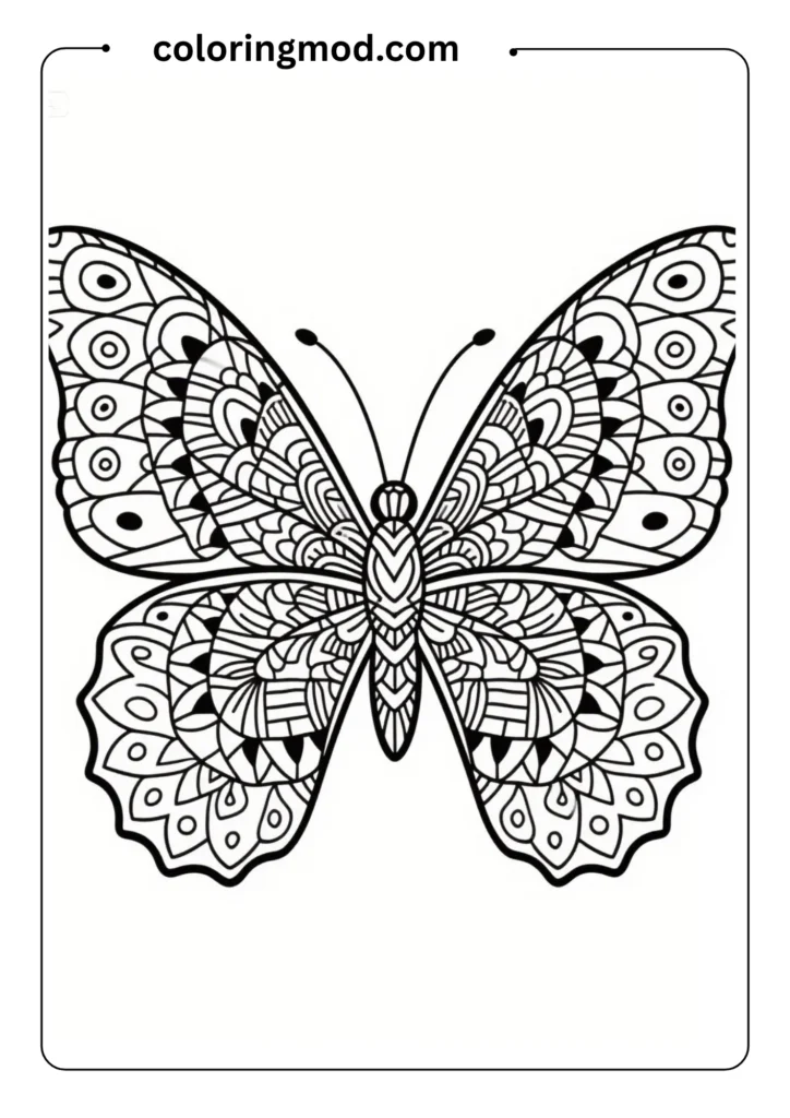 A large butterfly with intricate mandala patterns on its wings