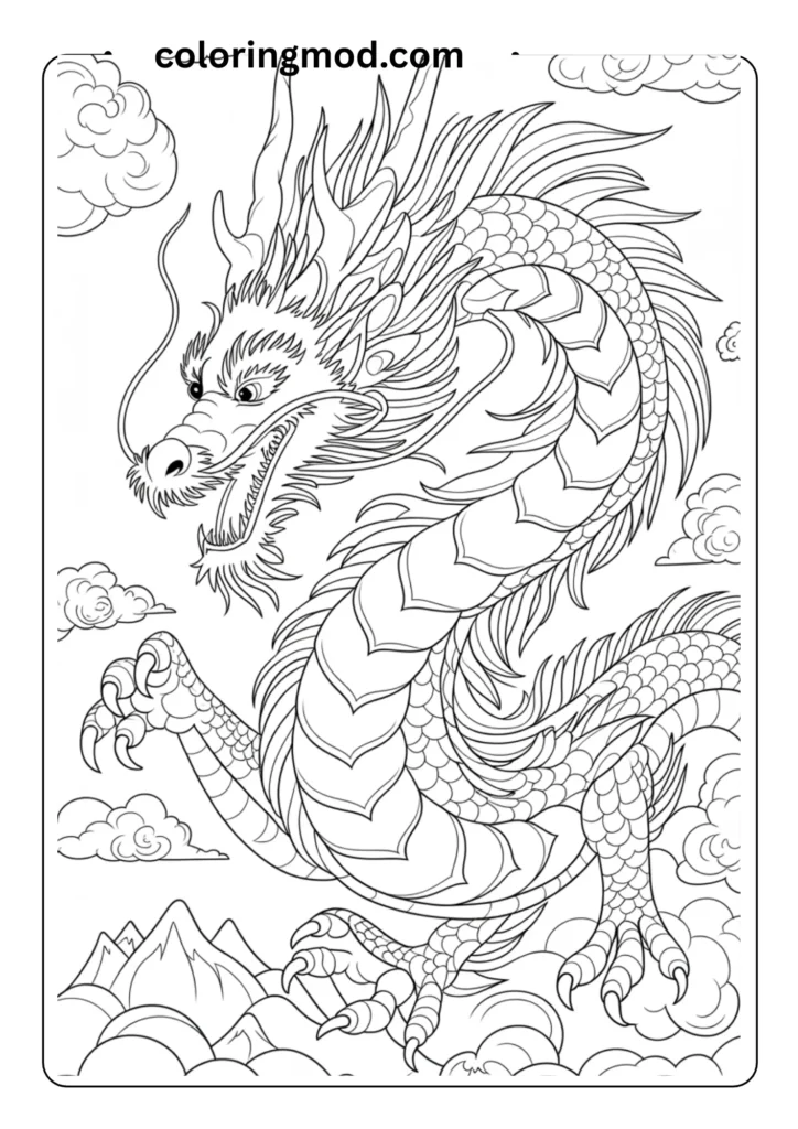 A majestic Eastern-style dragon flying through