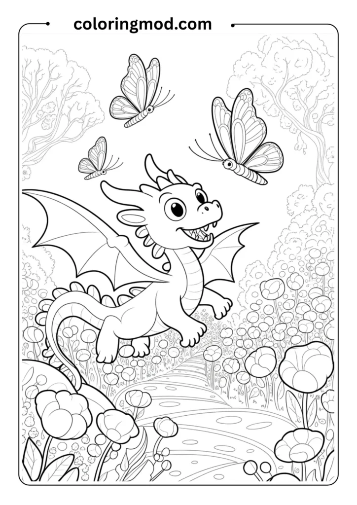 A playful dragon chasing butterflies in a magical