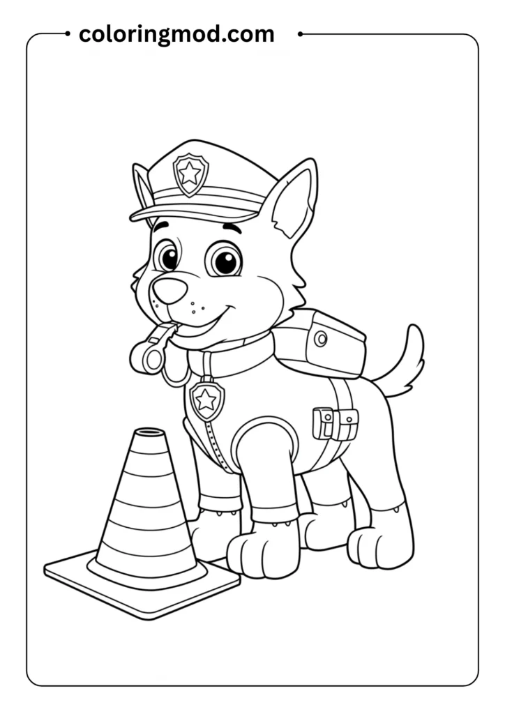 A police pup in uniform standing next to a traffic cone and holding a whistle