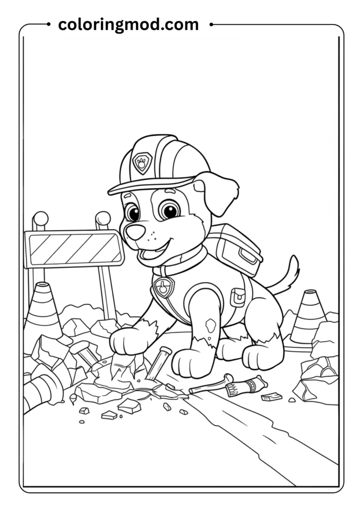 A pup with a construction helmet and tools fixing a broken road
