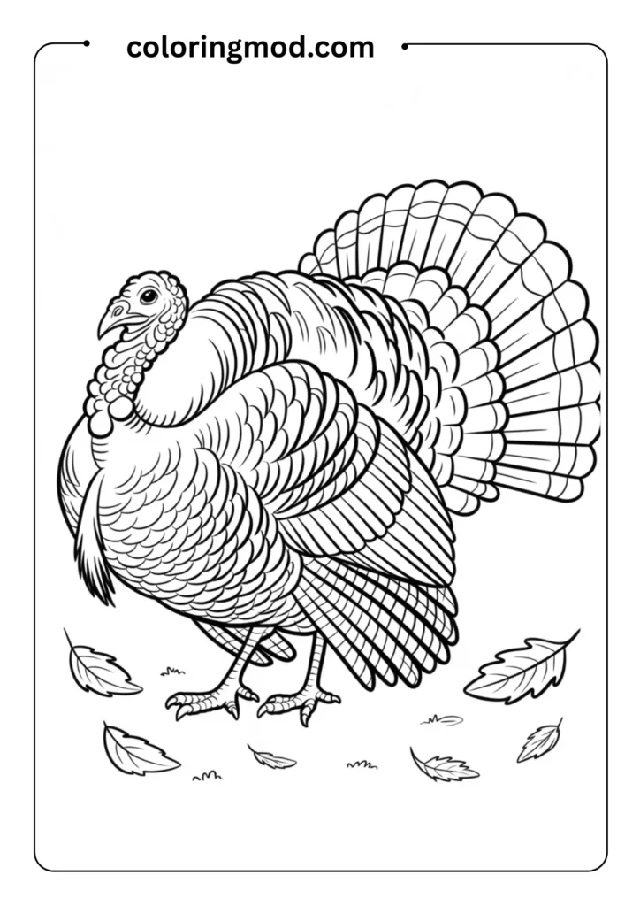A realistic side-view of a turkey with carefully detailed feather textures, line art only