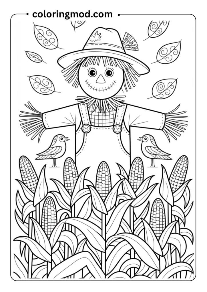 A scarecrow in a cornfield with birds and falling leaves