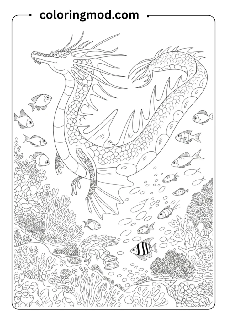 A sea dragon swimming among coral and fish