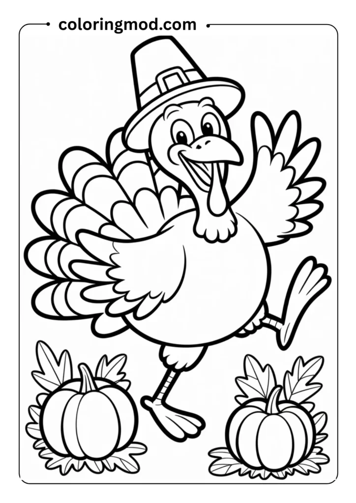 A silly turkey in a pilgrim hat dancing