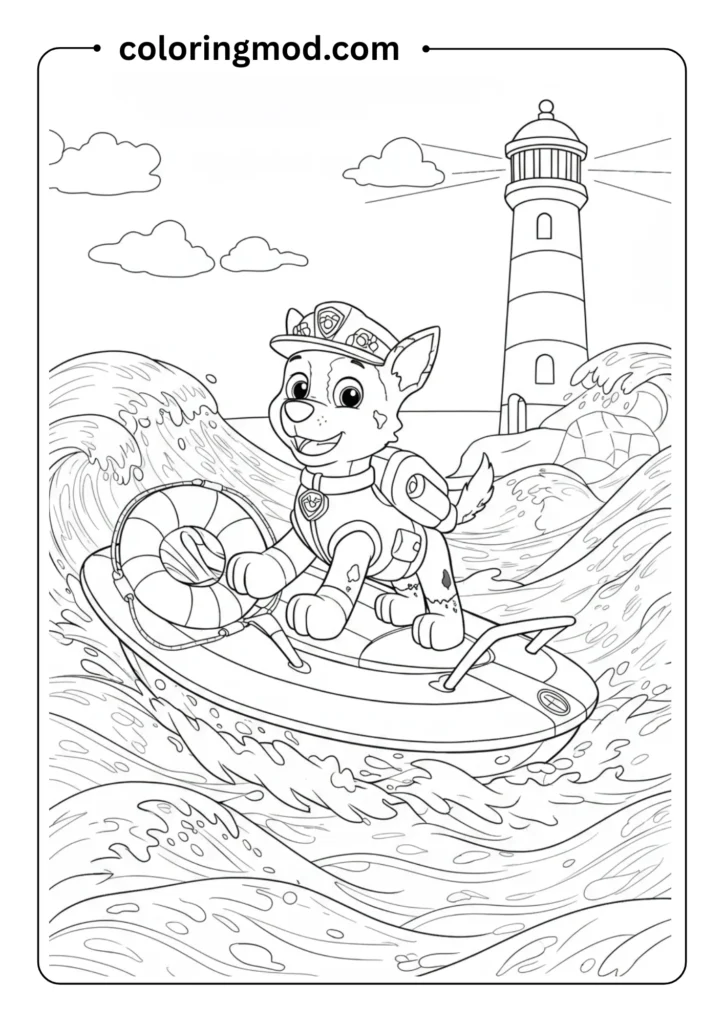 A water rescue pup riding a hovercraft on waves with