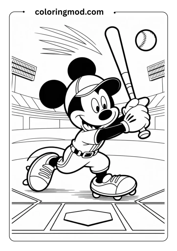 Action-packed coloring page featuring Mickey Mouse in a baseball uniform, swinging