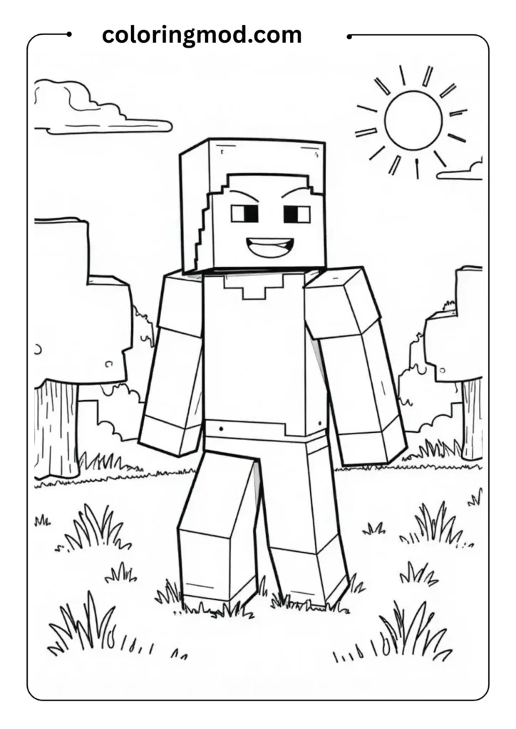 Alex planting crops in a garden with a wooden hoe, farm scene outlined for kids’ coloring pages