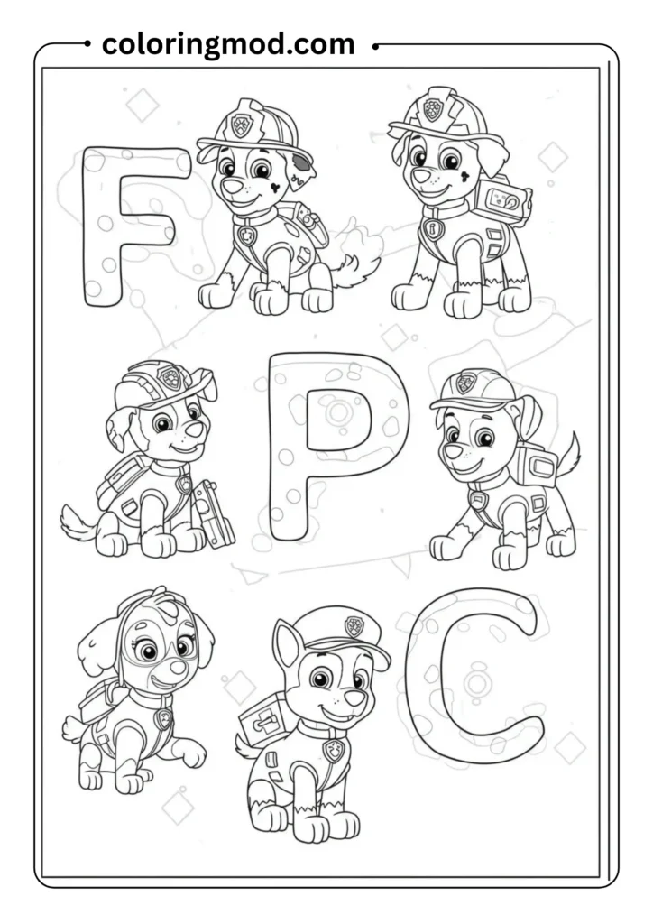 Alphabet coloring page with each letter represented by a pup’s job