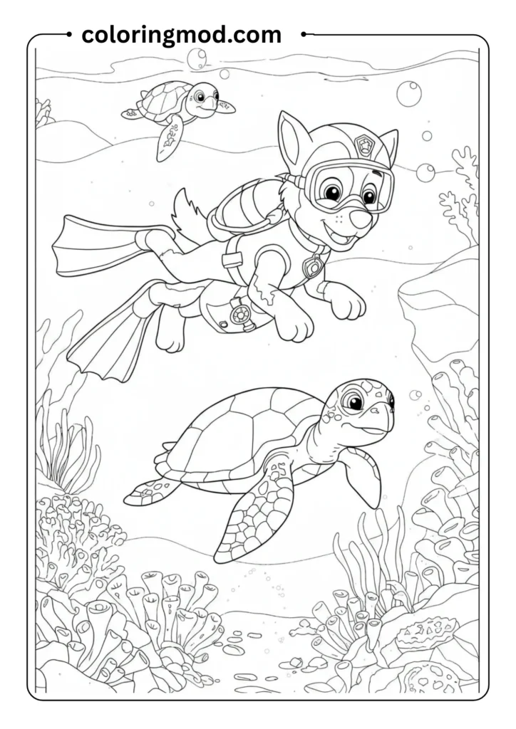 An underwater mission with scuba gear pups swimming near coral reefs and saving a sea turtle