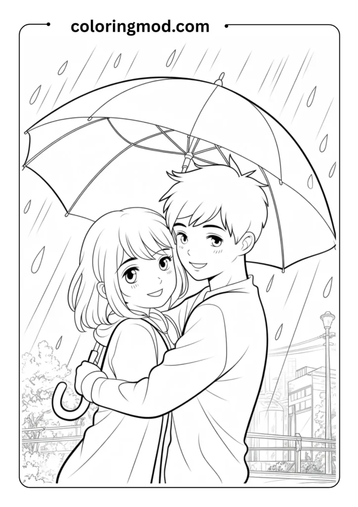 Anime boy and girl sharing an umbrella in the rain, cute romantic scene in clean outlines