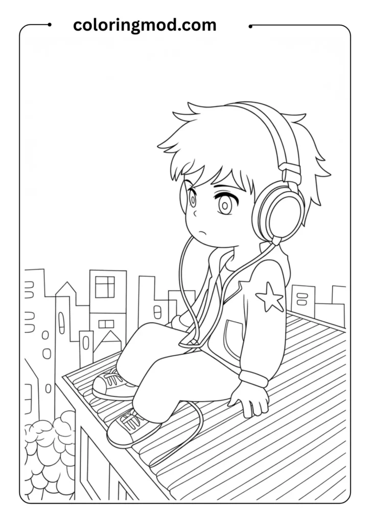 Anime boy sitting on a rooftop at night with headphones on, listening to music, outlined scene