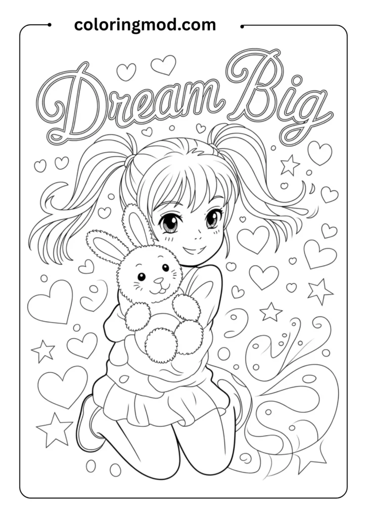 Anime girl with twin tails holding a plush bunny, surrounded by hearts and stars, outlined for coloring