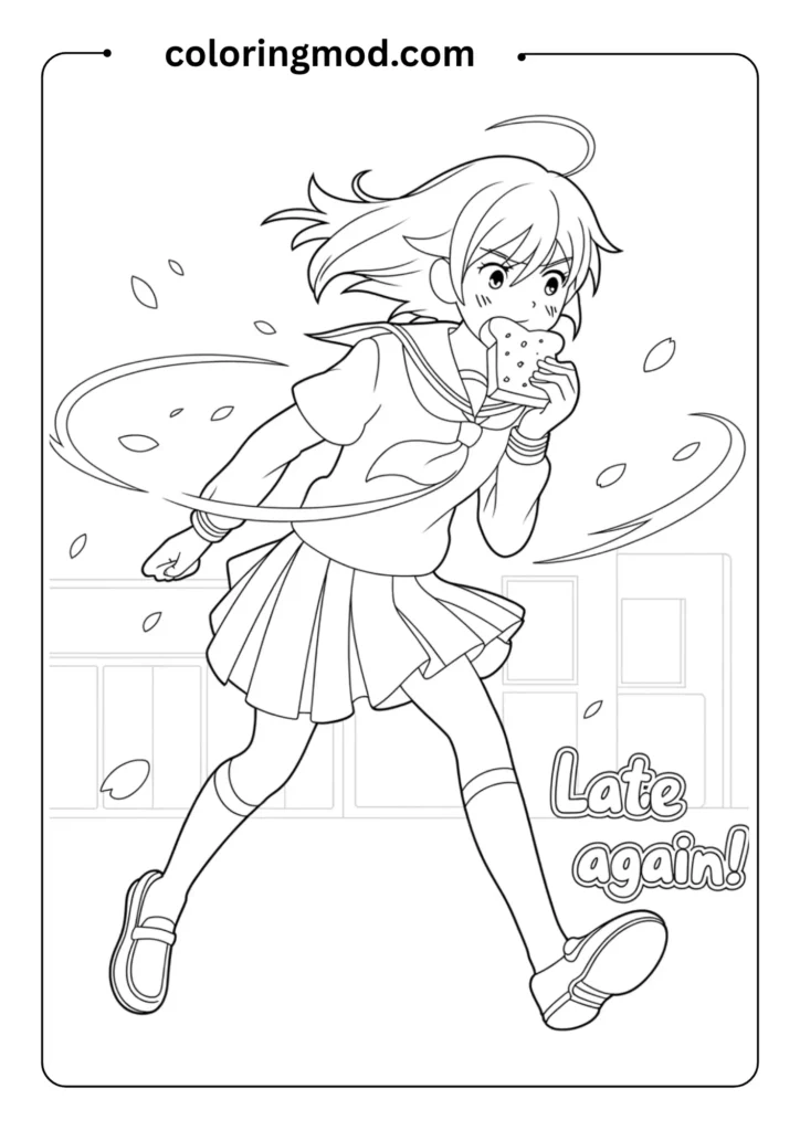 Anime schoolgirl running with toast in her mouth, late for class, classic scene outlined for coloring