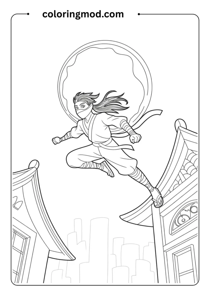 Anime-style ninja jumping between rooftops with a moon in the background, detailed outlines only