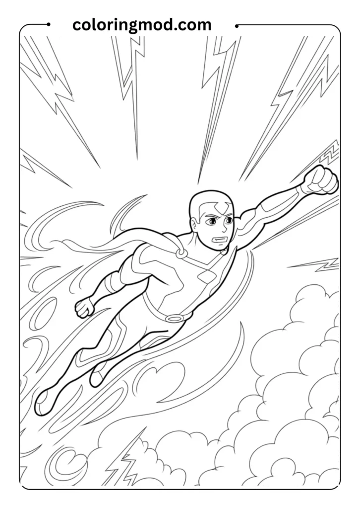 Anime-style superhero flying through the sky with wind effects, outlined with dynamic pose