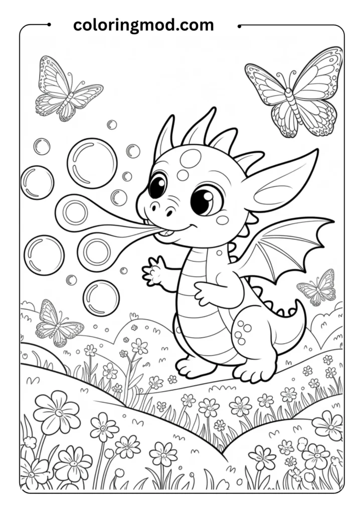 Baby dragon blowing bubbles in a meadow