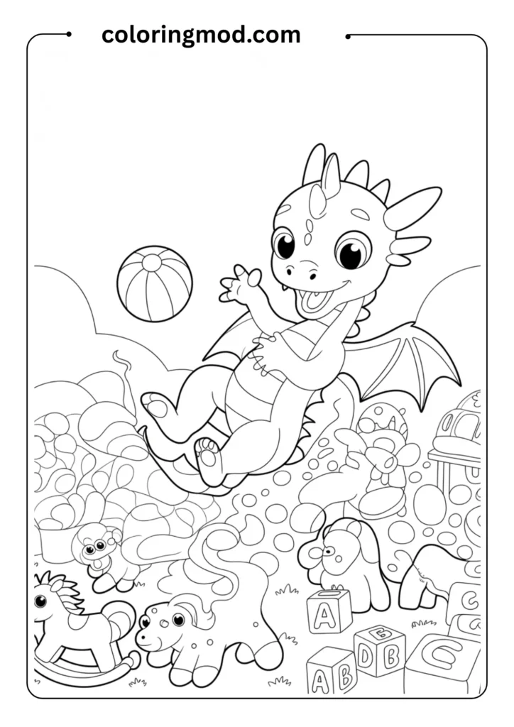 Baby dragon playing with a ball, in a nursery