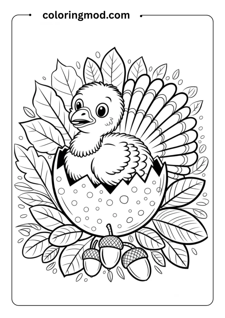 Baby turkey hatching from an egg, surrounded by autumn leaves, outlined in cartoon stylegirl sitting under a cherry blossom tree with petals falling around her, outlined for coloring