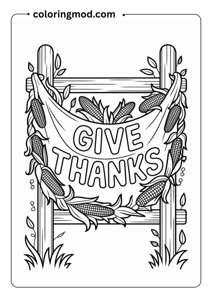 Banner reading _Give Thanks_ with decorative borders of corn stalks and vines