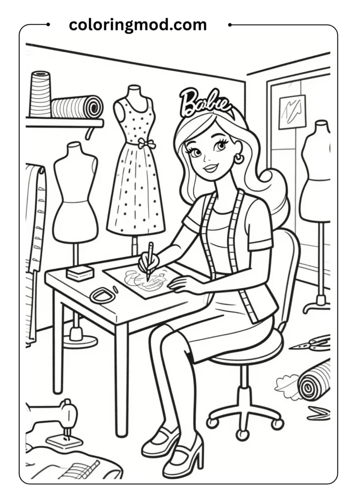 Barbie as a fashion designer sketching outfits at her studio