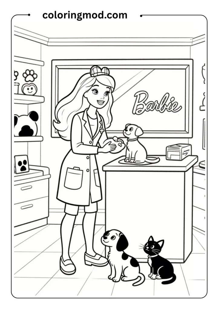 Barbie as a veterinarian caring for puppies and kittens in an animal clinic