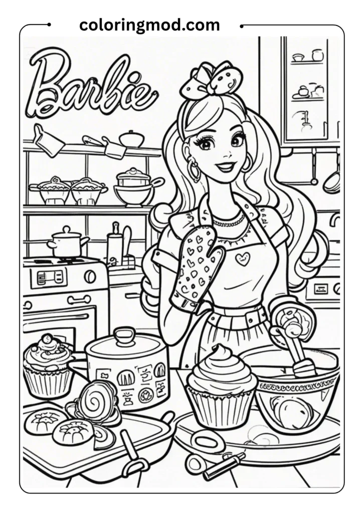 Barbie baking cupcakes in a cozy kitchen