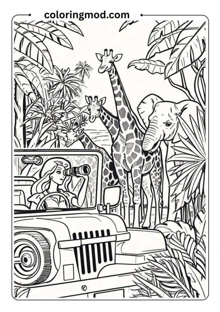 Barbie on a jungle safari in a jeep
