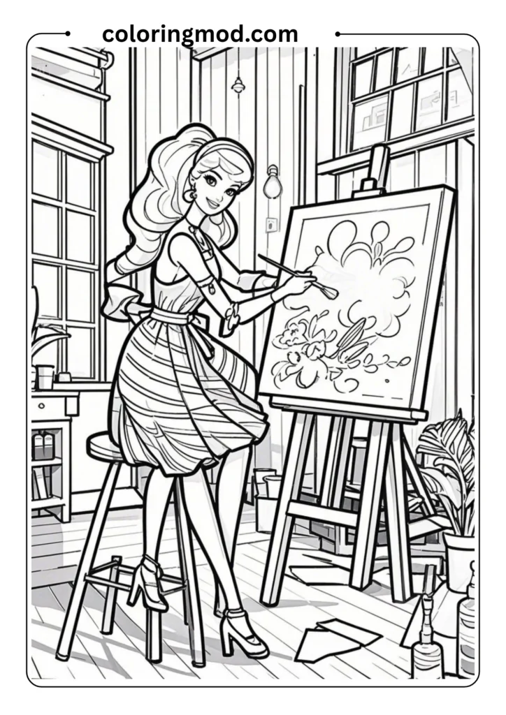 Barbie painting on a canvas in an art studio