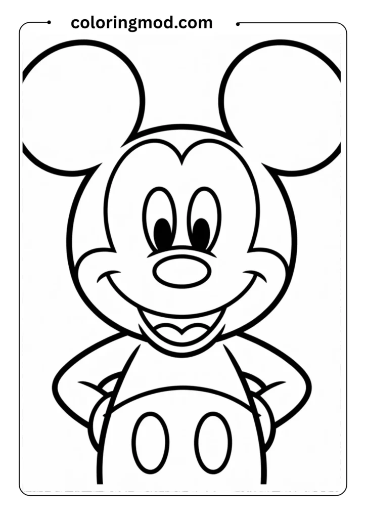 Black and white coloring page featuring Mickey Mouse's iconic head