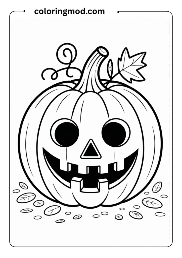 Black and white coloring page featuring a traditional round pumpkin with classic jack-o'-lantern face.and white coloring page featuring Mickey Mouse's iconic head