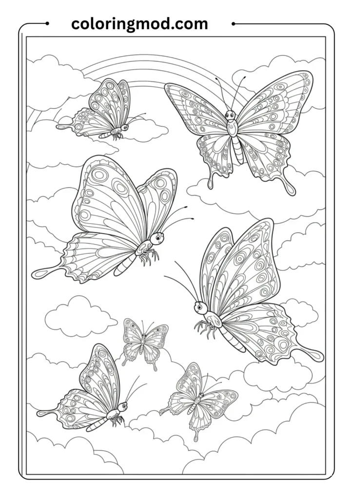 Butterflies flying through the sky with fluffy clouds