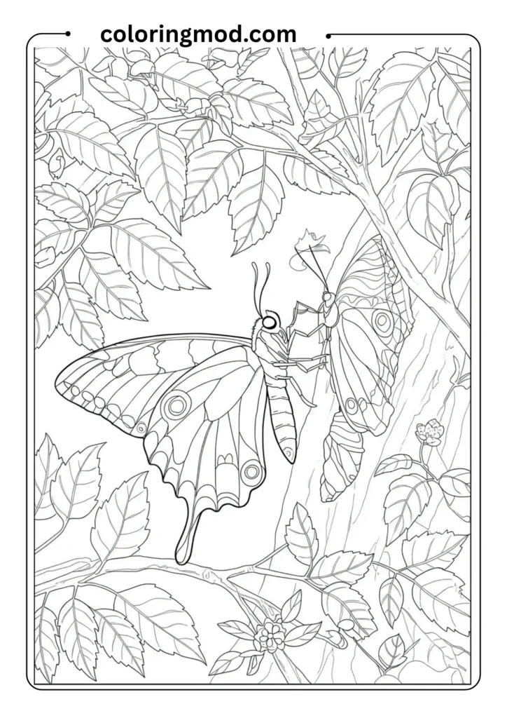 Butterfly emerging from a chrysalis on a tree branch