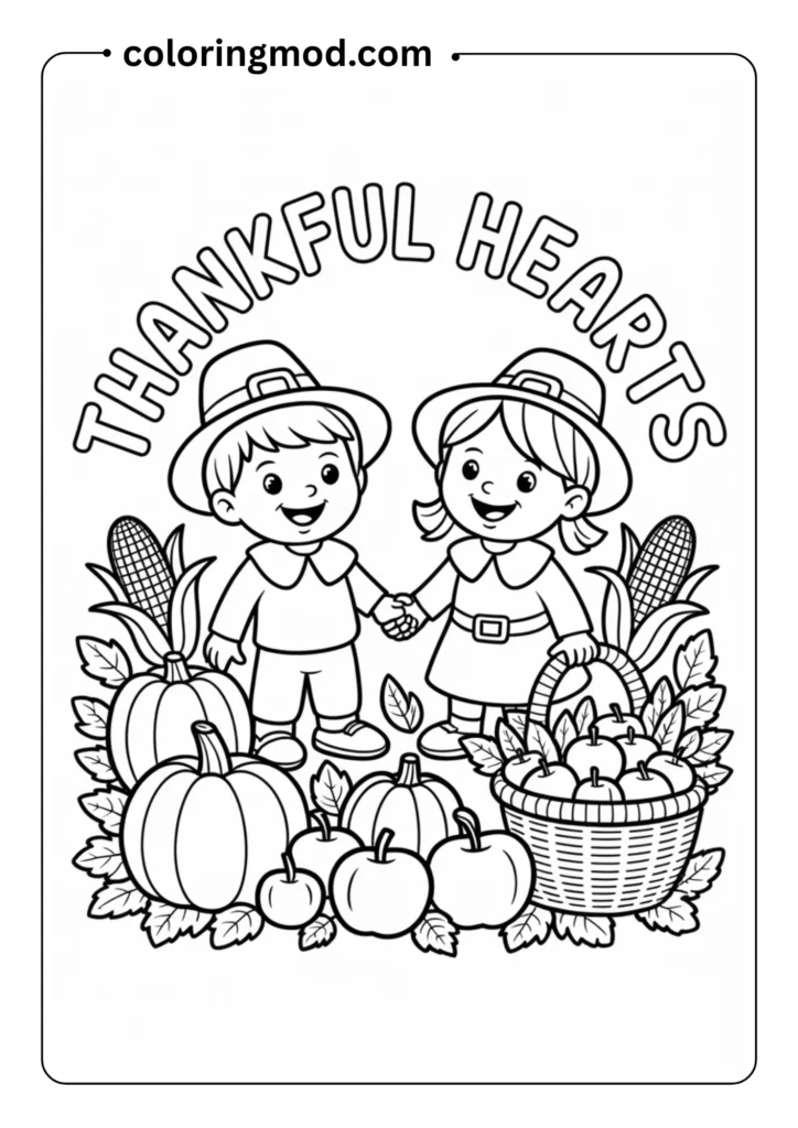 Cartoon pilgrim boy and girl holding hands