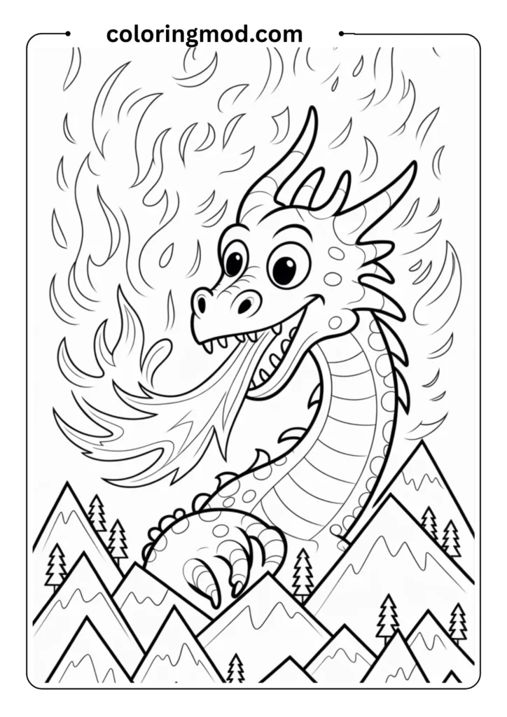 Cartoon-style dragon breathing fire, surrounded