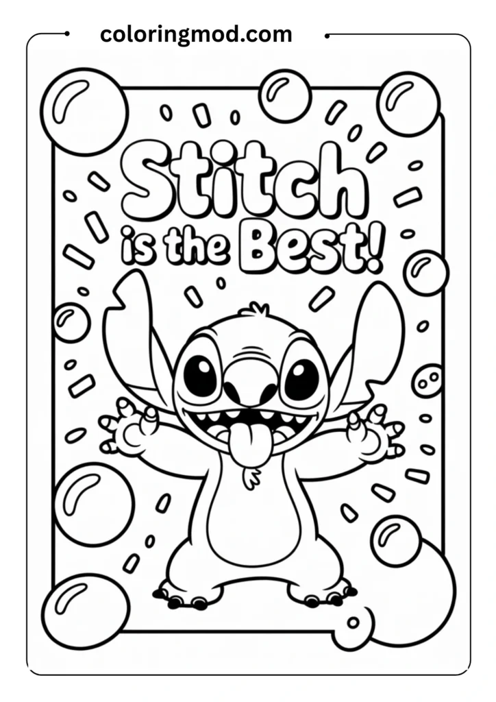 Cartoon-style outlined Stitch making a funny